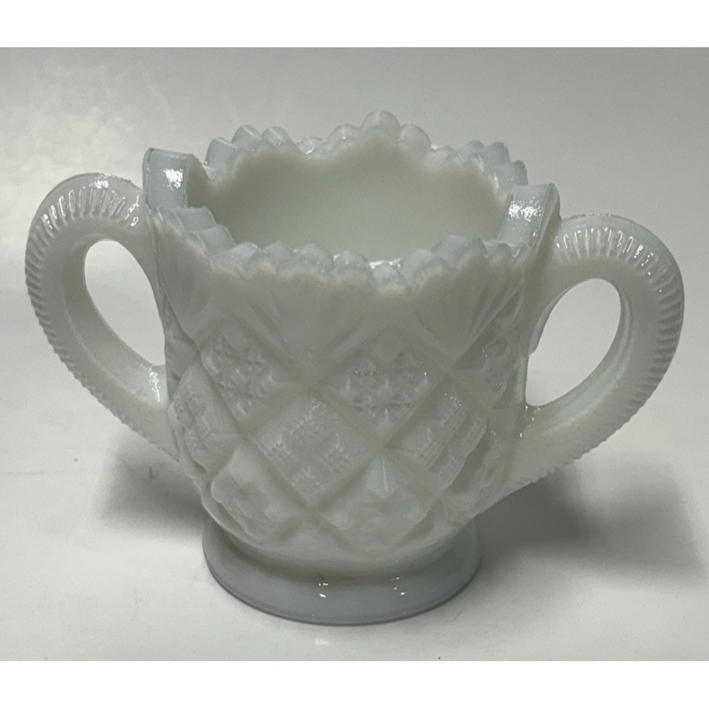 Vintage Milk Glass Sugar Bowl Dish Double Handled Quilted Diamond Pattern